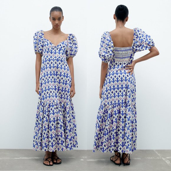 Zara Dresses & Skirts - Zara Blue, White and Pink Floral Puff-Sleeve Midi Dress